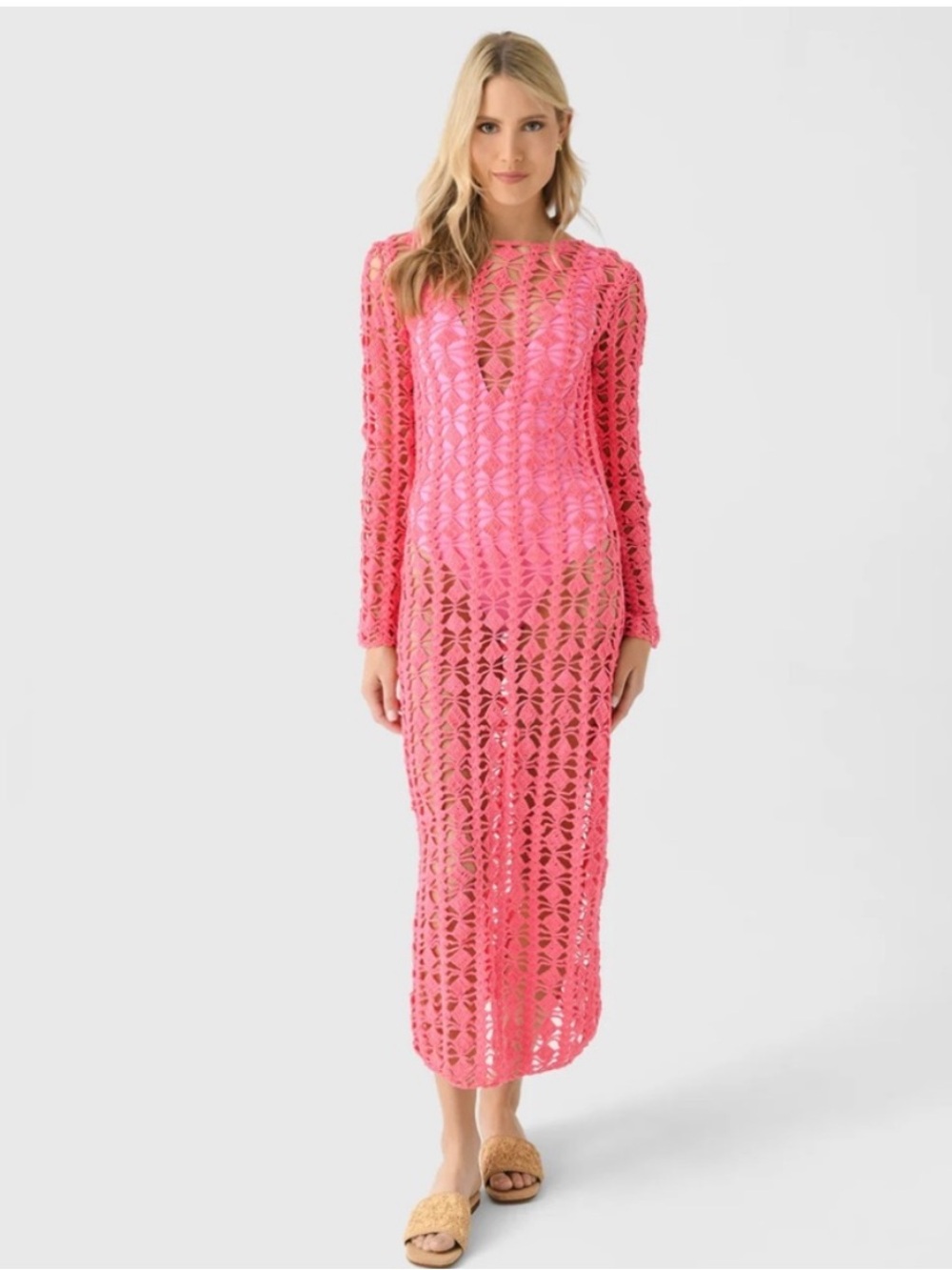 Beach Riot Ariana pink red Crochet Long-Sleeve Maxi Coverup